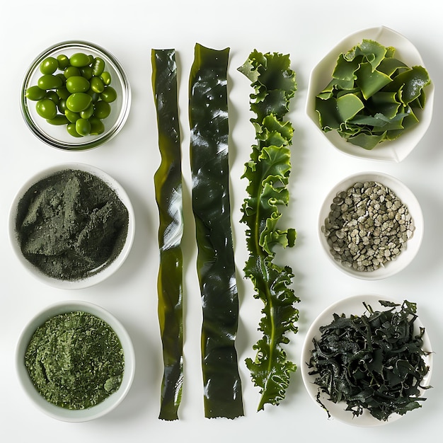 Photo different types of seaweed kelp wakame nori spirulina