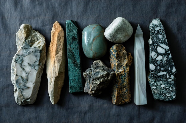 Different types of semiprecious stones on a dark background