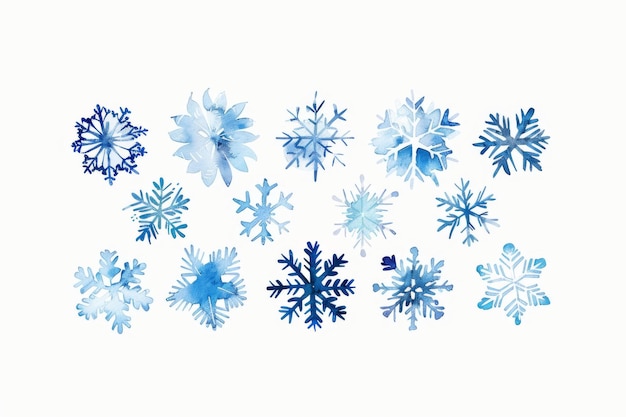 Different types of snowflakes isolated on white background Macro photo of real snow crystals