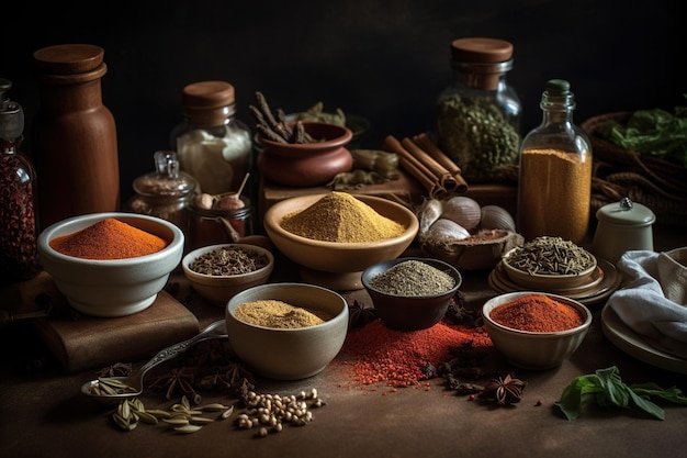 Different types of spices herbs and seasonings on a kitchen table top that can be used for food preparation Generative AI