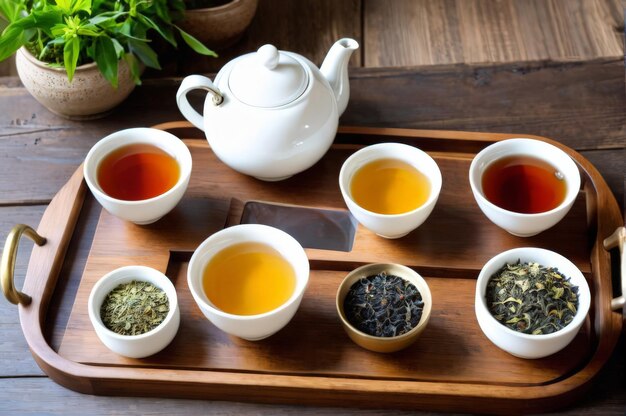 Photo different types of tea in farvor cups on a tray