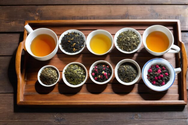 Photo different types of tea in farvor cups on a tray