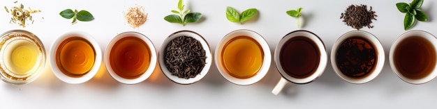 Photo different types of tea in white ceramic cups on white background top view