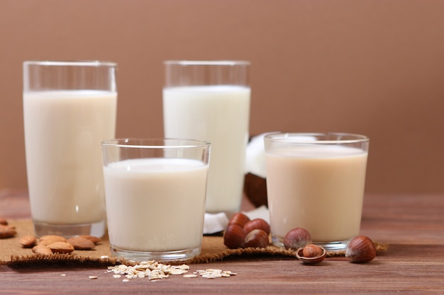 Different types of vegetable milk on the table