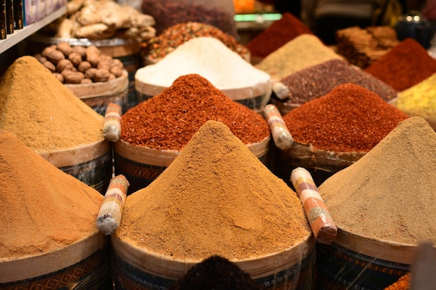 Different varieties of peppers on the market Sale of spices for cooking