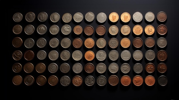 different variety of authentic coins arranged in a horizontal row isolated in a black background