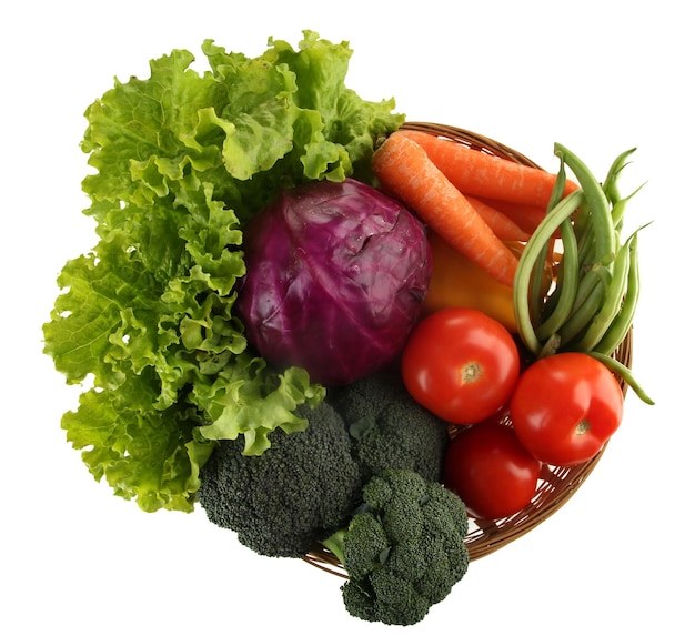 Different vegetables in basket isolated on white