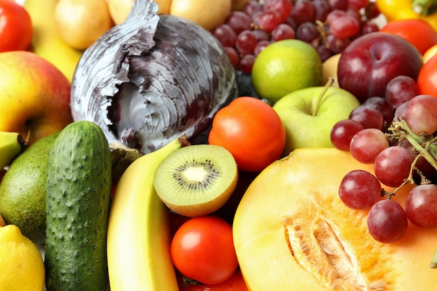 Different vegetables and fruits, close up and selective focus