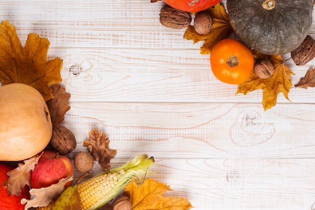 Different vegetables, pumpkins, apples, pears, nuts, corn, tomatoes and dry leaves on white wooden background. Autumn Harvest , copyspace.