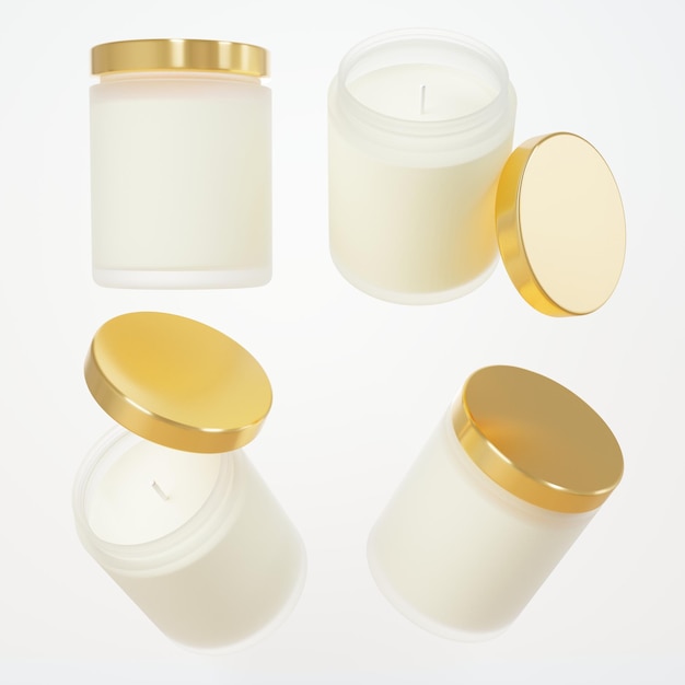 Different views of aromatic candle in frosted glass jar with cotton wick and gold lid 3D rendder