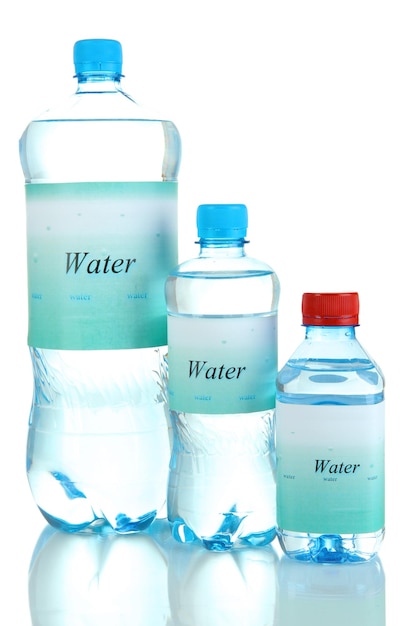 Different water bottles with label isolated on white