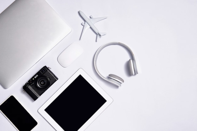 Different white set of objects for traveling on white background. Top view.