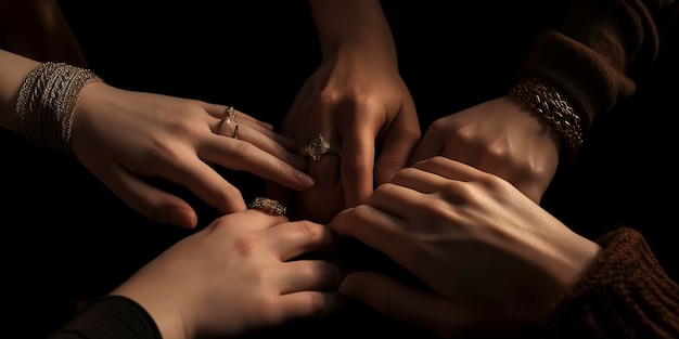 Different women hold each other's wrists in circle Top view of female hands joined in lock against brown background