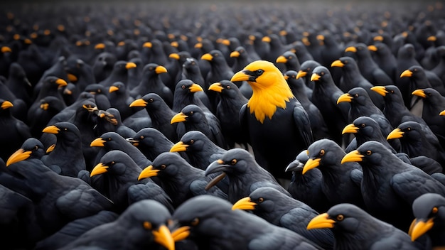 Differentiate yourself from the rest A colored crow standing out from a crowd of black crows