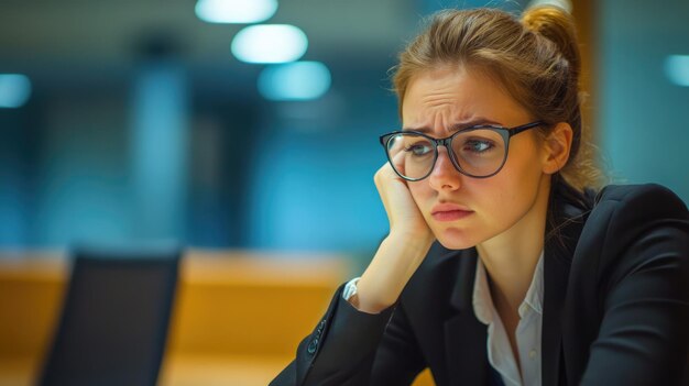 Photo difficulty concentrating stressed businesswoman in boardroom after unsuccessful negotiations