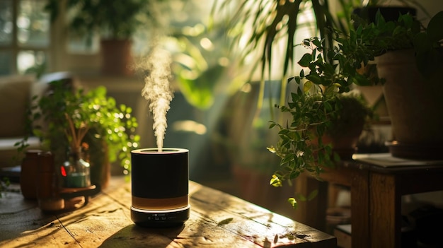 A diffuser emitting the refreshing scent of eucalyptus and lemon creating a rejuvenating and