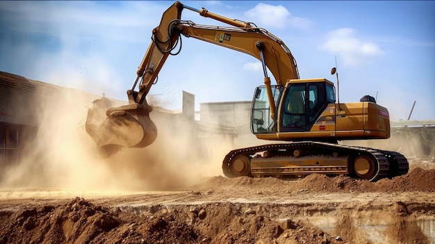 A digger is digging a hole in a construction site.