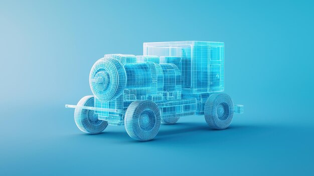 Photo a digital 3d rendering of a transparent truck model showcasing intricate details and a futuristic design against a blue background