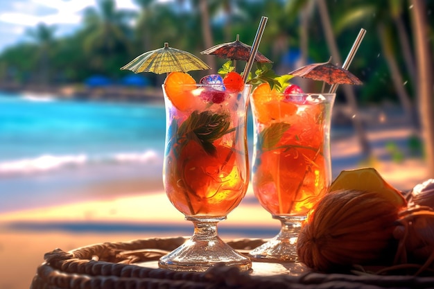 Digital AI artwork featuring a closeup view of tropical cocktail drinks on a beach