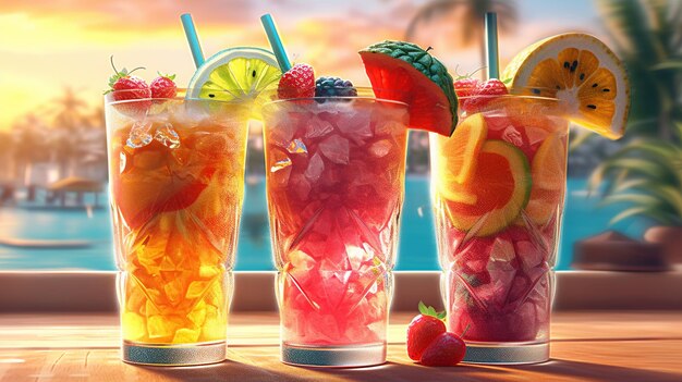 Digital AI artwork featuring a closeup view of tropical cocktail drinks on a beach