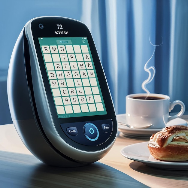 a digital alarm clock is on a table next to a cup of coffee