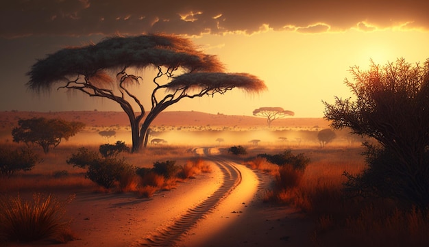 Digital Art of African Savannah with Sunrise or Sunset Generative AI