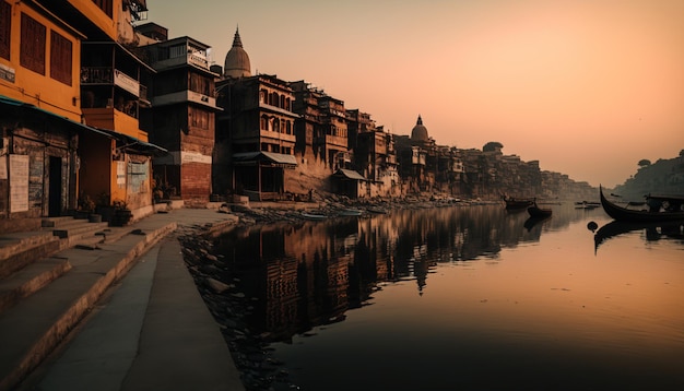 Digital art of a beautiful Ganges river India lake at dawn sunset a beautiful background landscape