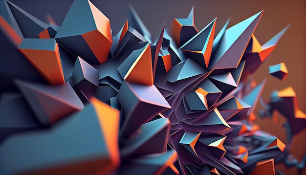 A digital art of a blue and orange background with a lot of shapes.