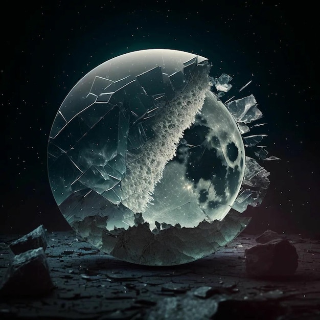 A digital art of a broken glass with a moon and the moon in the background.