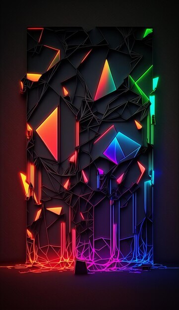 A digital art of a building with a neon light on it.