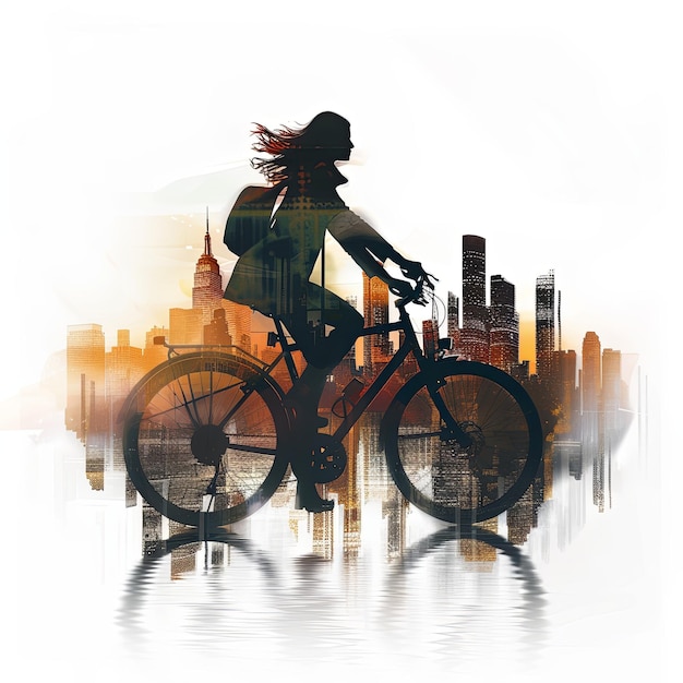 Digital art of a businesswoman riding a bicycle to work symbolizing ecofriendly commuting and active lifestyle