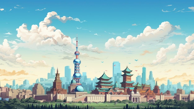 digital art of China's skyline's colorful background Famous China building China handdrawn vector illustration Chinese travel landmarksattractions Vector illustration isolated