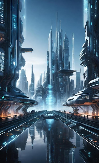 a digital art of a city with a blue light on the left