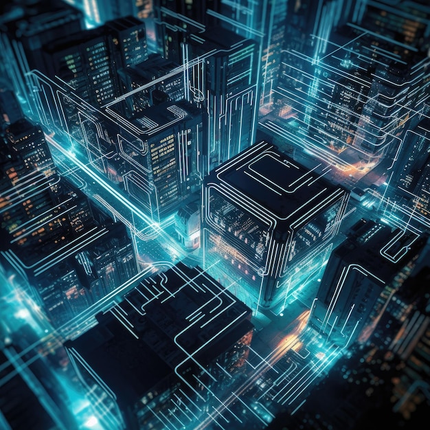 A digital art of a city with a blue light that says'smart city '