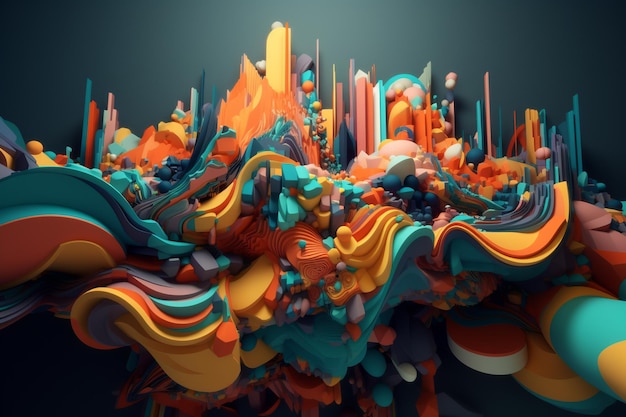 A digital art of a city with a colorful background