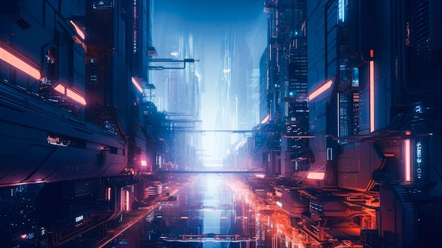 A digital art of a city with a neon light on the ground