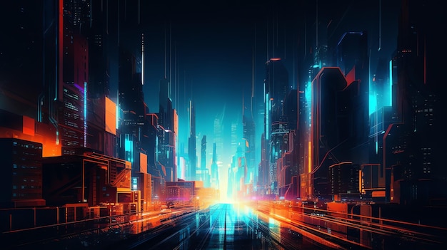 A digital art of a city with a neon light