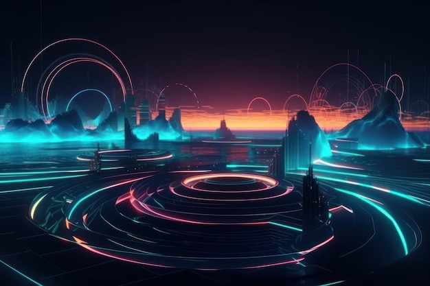 A digital art of a city with neon lights