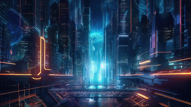 A digital art of a city with a neon sign that says'cyberpunk '