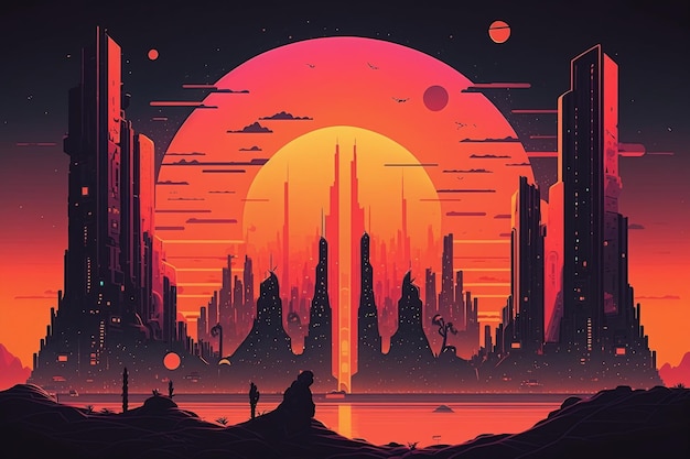 A digital art of a city with a sunset and a man standing in front of it.