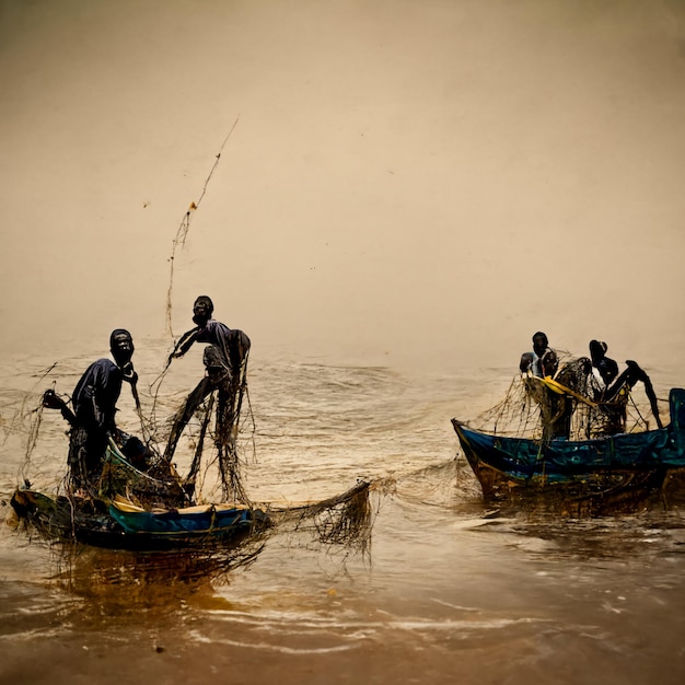 digital art, conceptual composition showing traditional African fishermen on their canoe