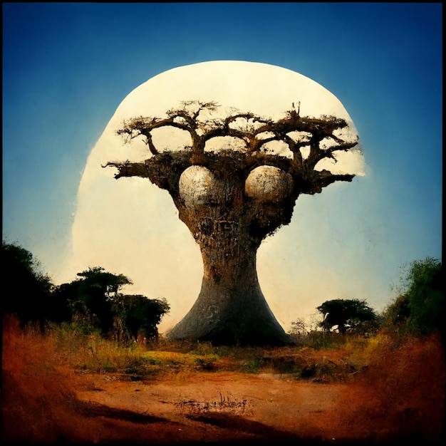 digital art, conceptual illustration of a baobab tree with eyes and a dying sun in the background