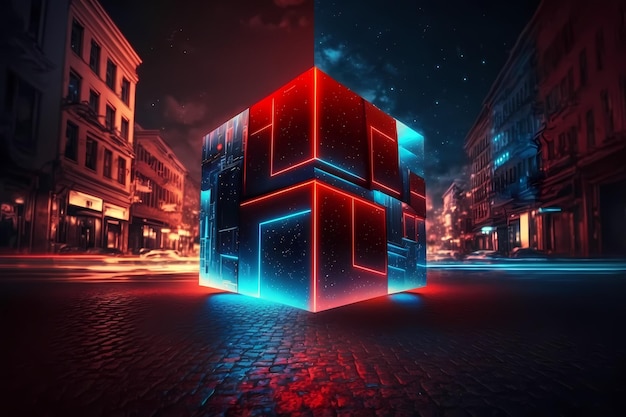 A digital art of a cube with red and blue lights