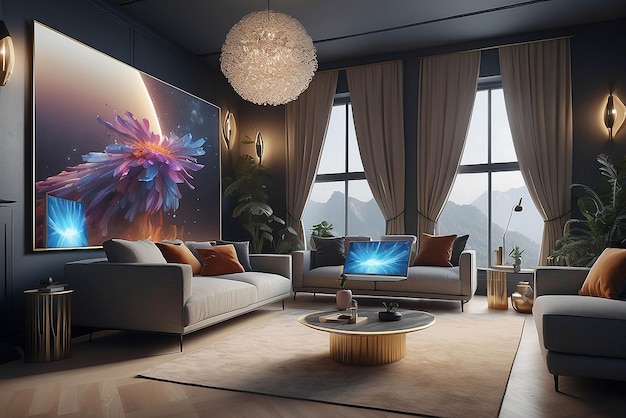 Digital art on curved OLED displays with surround sound mockup