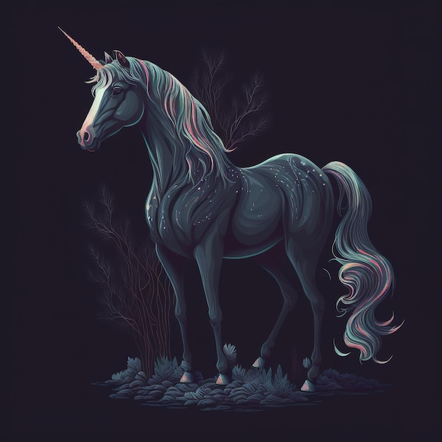 Digital art of a cute adorable lovely unicorn colorful with floral elements, isolated in dark