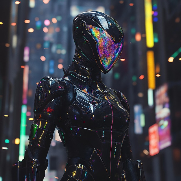 Photo digital art of a cyberpunk guardian with colorful implants in a futuristic city