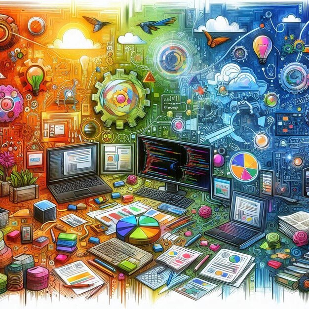 Photo digital art depiction of software development workflow