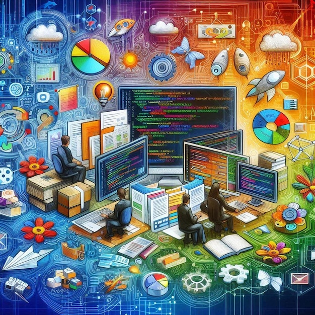 Photo digital art depiction of software development workflow