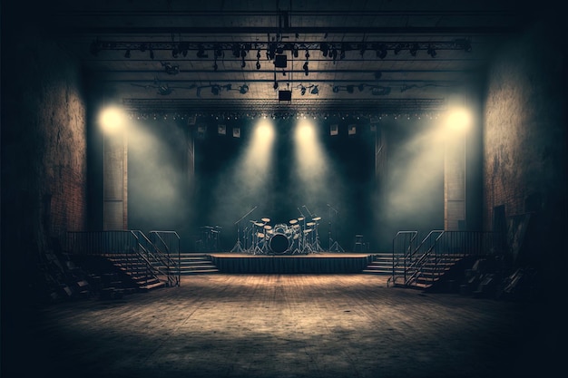 A Digital Art of an Empty Music Concert Stage with Lighting On and Smoke in Cinematic Photography