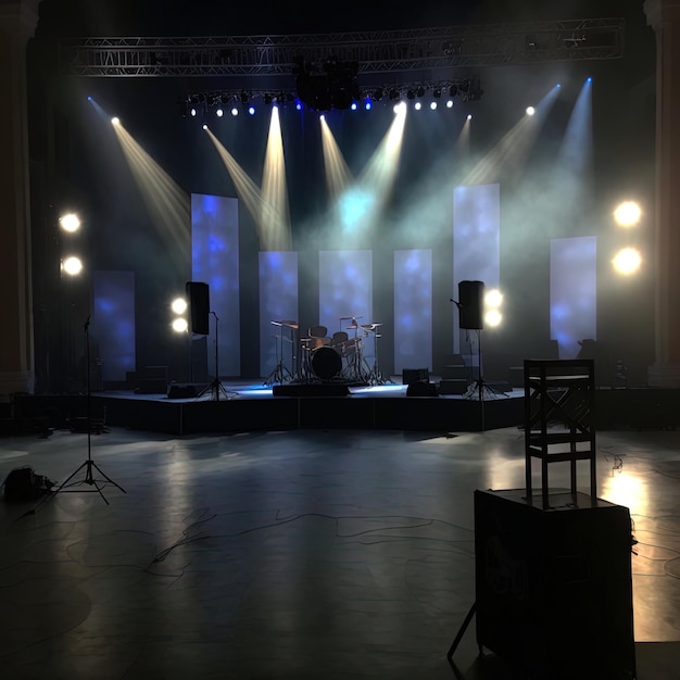 A Digital Art of an Empty Music Concert Stage with Lighting On and Smoke in Cinematic Photography